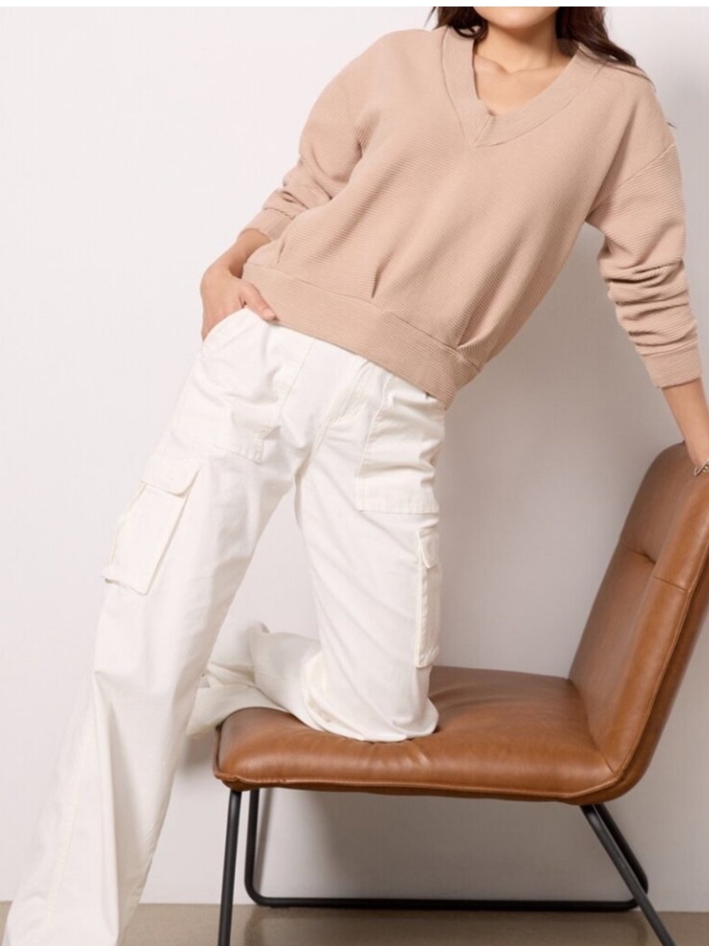 Stateside Pleated Cropped V-Neck Sweatshirt